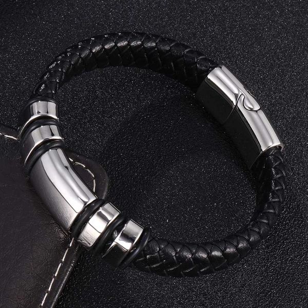 

trendy men jewelry black braided leather bracelet stainless steel magnetic clasps fashion bangles gifts charm bracelets, Golden;silver