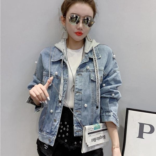 

women's jackets fashion the loose hooded bead all-match denim jacket, Black;brown