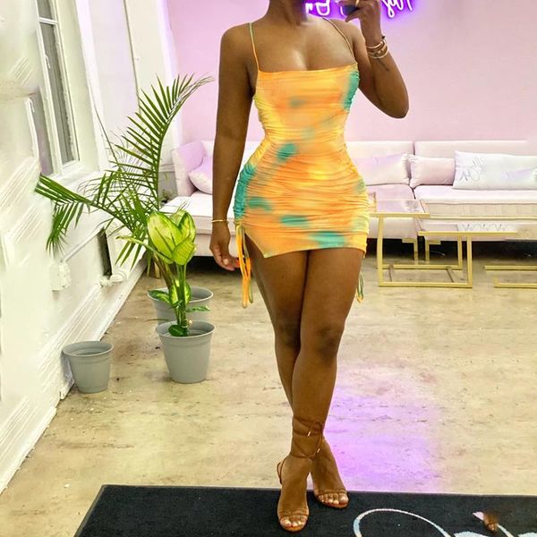 

tie dye ruched bandage mini dress summer women fashion streetwear outfits club sundress d052267k casual dresses, Black;gray