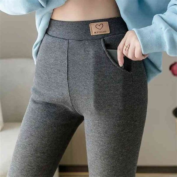 

high waist soft winter pocket leggings for women fleece thick pants velvet thermal grey women's warm 210925, Black