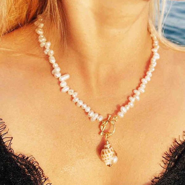 

fashionable simple side hole natural freshwater pearl necklace 2021 conch shell pendant choker gift for women charm collares, Silver