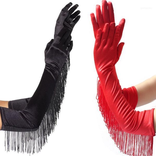Lange farbige Handschuhe für lateinamerikanischen Tanz, Satin-Quasten-Performance1