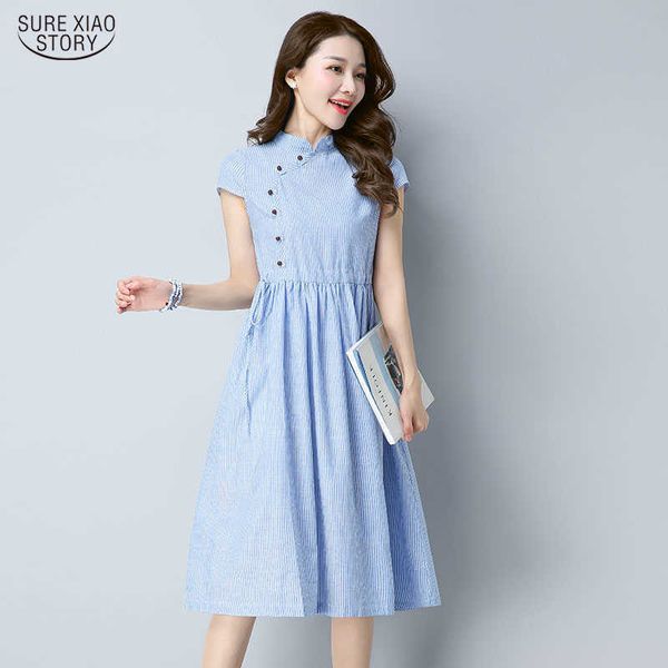 Vintage Cotton und Hanf gestreift Kurzarm Frauen Kleid Sommer Grüne Aprikose Blau Casual Lose Lady Lady Kleid 4960 50 210527