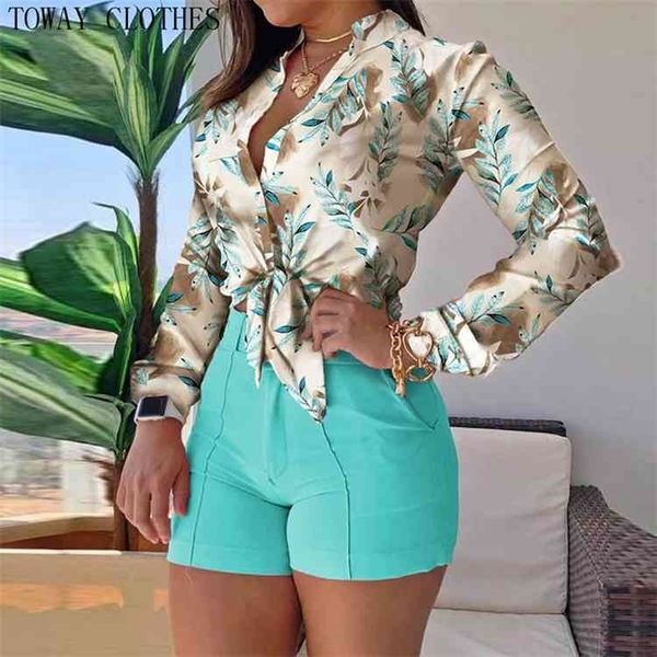 

women floral print turn-down collar long sleeve tie front causal shirt blouse, White