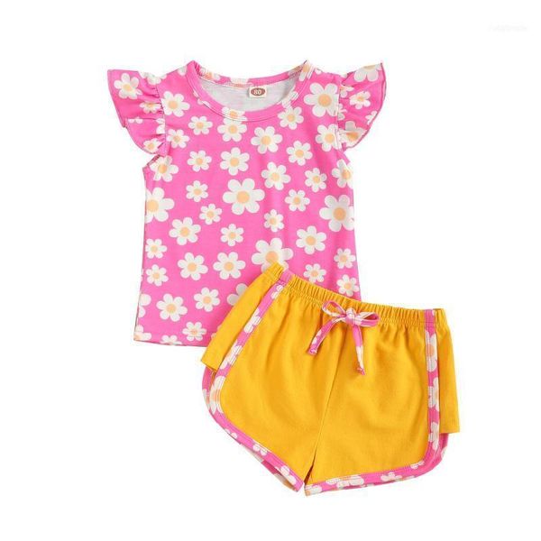 

clothing sets 2021 0-6y toddler baby girl cute pink flower print short sleeve o neck short pants 2pcs summer outfits set1, White