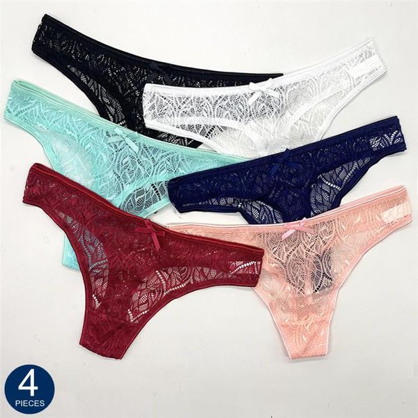 

women's panties 4 pcs women thong 2022 transparent lace g-string underwear lift buttocks low waist seamless, Black;pink