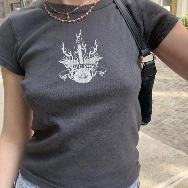

women's t-shirt vintage graphic print t shirt women streetwear round neck short sleeve slim cotton tshirt femme summer casual y2k t-sh, White