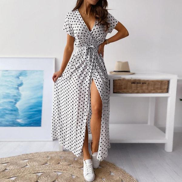 

party dresses 2021 summer women polka dot wrap split long dress elegant casual a-line v neck short sleeve clothing, White;black