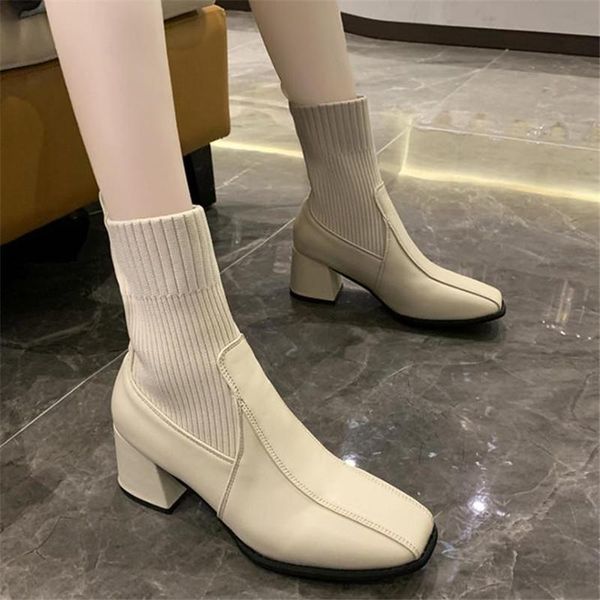 

boots 2021 thick mid-heel leather square toe short women's knitted apricot thin socks stretch single, Black