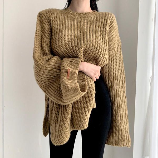 

women's sweaters [ewq] korean chic autumn winter simple blue round neck side split loose leisure long sleeve knitted sweater women 2021, White;black