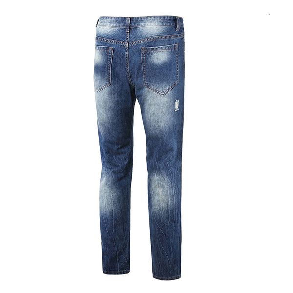

men casual denim scratched knee holes ripped jeans pencil pants elastic vintage mid waist high quality, Blue