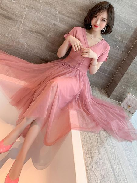 

casual dresses around the lady v-neck knitting stitching mesh fake two piece dress in summer, Black;gray