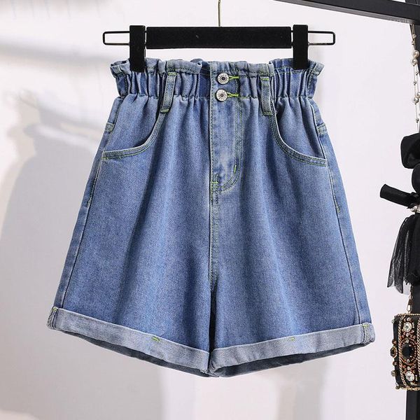 

women's shorts summer fashion roll up hem elastic waist plus size women loose denim ruffles button solid jeans, White;black
