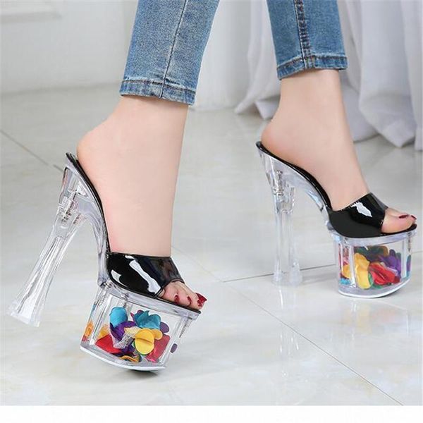 

summer ladies 17cm super high heel slippers fashion transparent plexiglass petal platform sandals party mules, Black