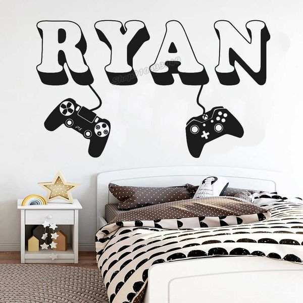 Gamer Adesivo de Parede Custom Name Controller Video Game Decalques de Parede Decalques de Parede Personalizado Gamer Nome Vinil para Crianças Quarto Playroom Decor C426 210705