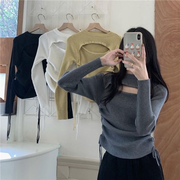 

women's sweaters design sense hollow out round neck sweater 2021 early drawstring slim long sleeve jacket jum, White;black