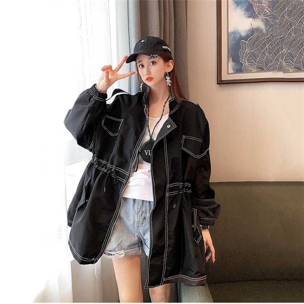 

women's trench coats 2021 spring autumn fashion long for women casual sleeve zipper windbreaker female b307, Tan;black