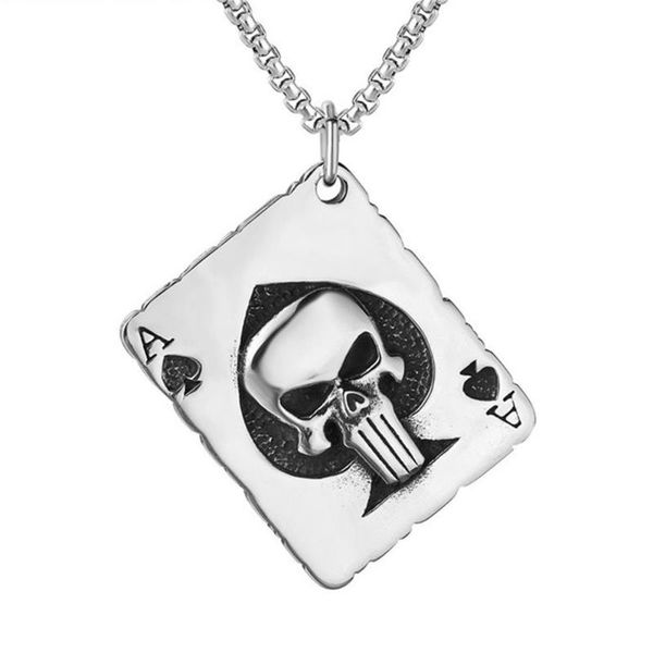 

men's titanium steel necklace magician playing card spades a skull pendant punk retro party locomotive rider fashion jewelry necklaces, Silver