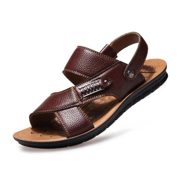 

sandals men summer genuine leather roman male casual shoes beach flip flops fashion outdoor slippers, Black