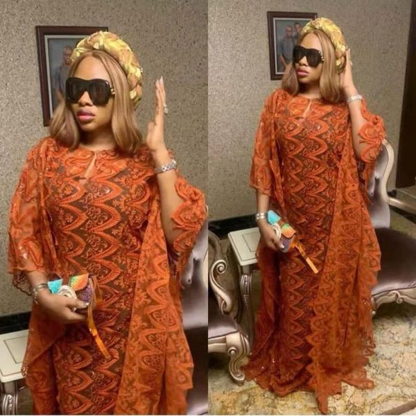 

style classic design african women dance dashiki net cloth lace sequins loose long dress and underdress scarf 3pcs size ethnic clothing, Red