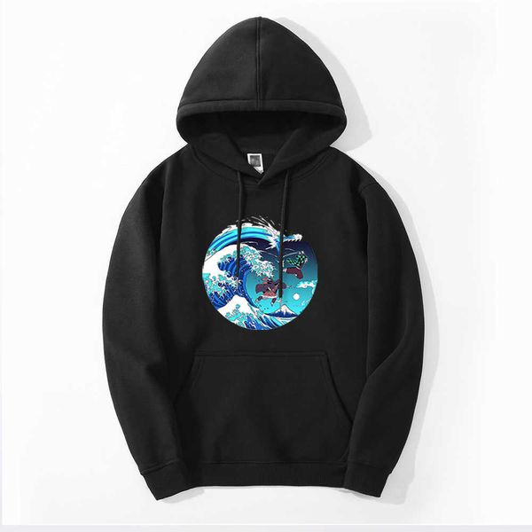 Demon Slayer Japão Anime Respiração do Grande Onda Lã Hoodies Moletons Streetwear Mens Hip Hop Casual Inverno Pulôver Tops H0909