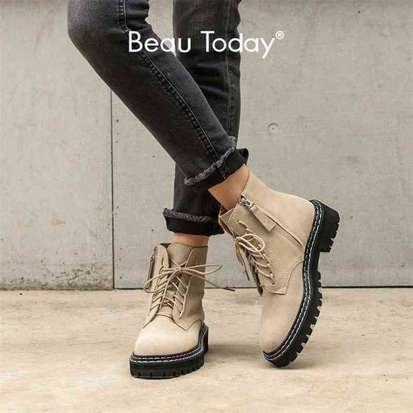 

beautoday fashion ankle boots women cow suede lace-up zip platform genuine leather ladies winter boots handmade 03443 210914, Black