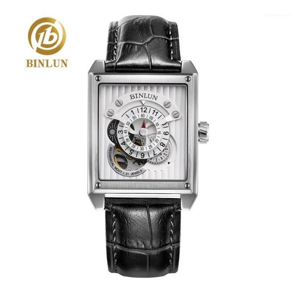 

binlun racing dial men's automatic watch imported italian calfskin luxury mechanical 24 jewel movement male wristwatches, Slivery;brown