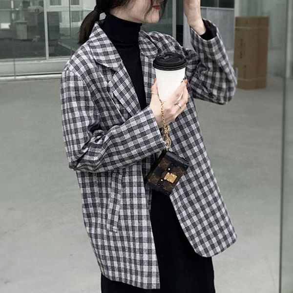 

women's suits & blazers korean fashion plaid blazer women 2021 vintage notched fall coats single breasted office lady suit autumn outer, White;black