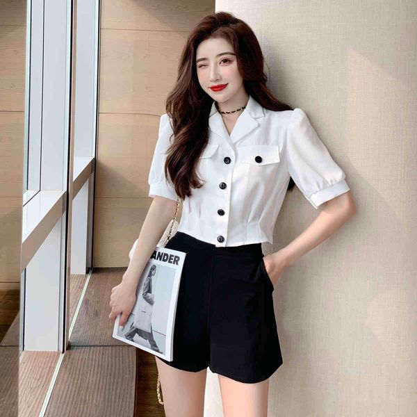 Mode 2 Stück Set Einreiher Frauen Sommer Kerb Kragen Bluse Shirt + Hight Wait Schwarz Shorts Anzüge Outfits weibliche 210514