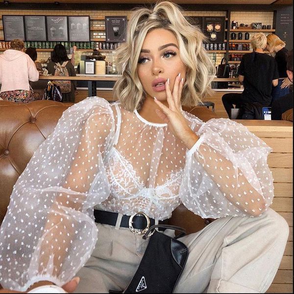 

women blouses shirts blouse female fashion long puff sleeve solid femme casual transparent blusas plus size womens tunic, White