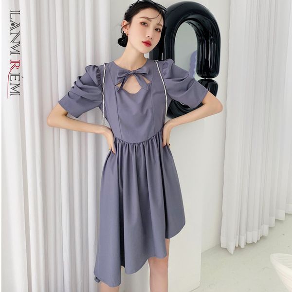 

women bow gray asymmetrical hem dress round neck short sleeve loose fit female fashion summer 2e1921 210507, Black;gray