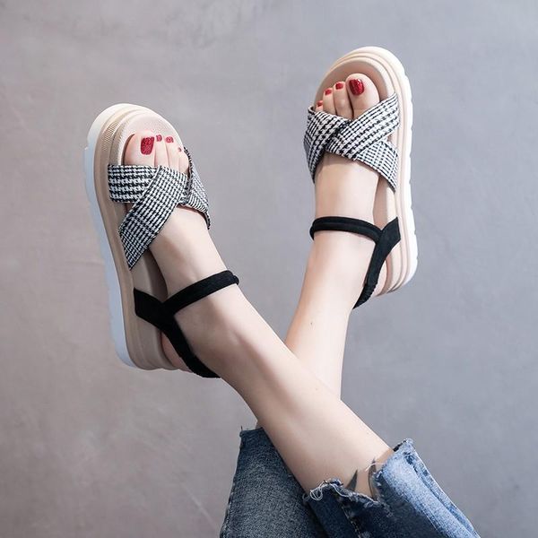 

sandals 2021 plaid platform elastic ankle strap ladies flats shoes fashion summer casual hollow out open toe women dress n6-157, Black