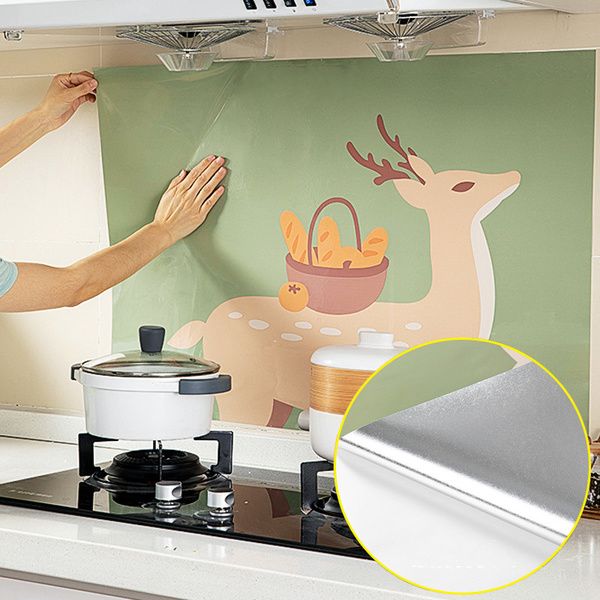 Cozinha à prova de óleo à prova de óleo adesivos foil fogão gabinete auto adesivo adesivo de parede desenhos animados papel de parede decorativo