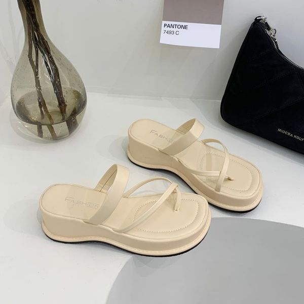 

slippers 2021 summer women outdoor slip on sandals high wedges heel slides ladies beige green fashion clip toe beach shoes, Black