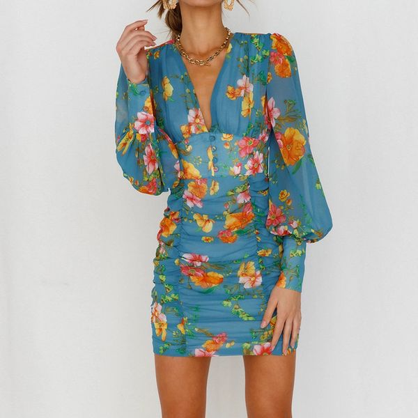 

women v neck flower print draped dress autumn chiffon long puff sleeve office dress vintage bodycon female party vestidos 2021s, Black;gray