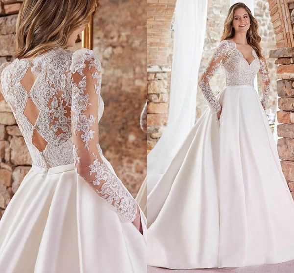 

2022 elegant women wedding dress with pocket v neck long sleeves lace appliques bride dresses satin long bridal gowns vestidos de noiva robe, White