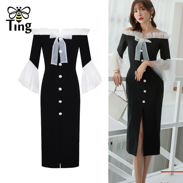 

vintage elegant slash collar ruffles sleeve patchwork knee length party night dresses bodycon front split dress za 210513, Black;gray
