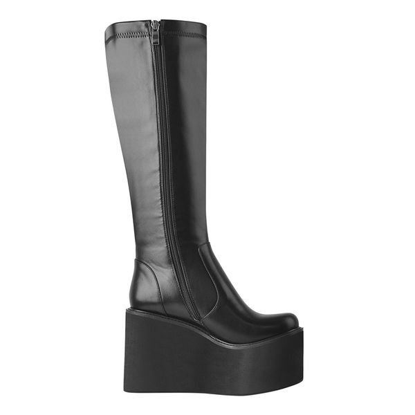 

platform round toe wedges boots matte black knee high boots zipper big size