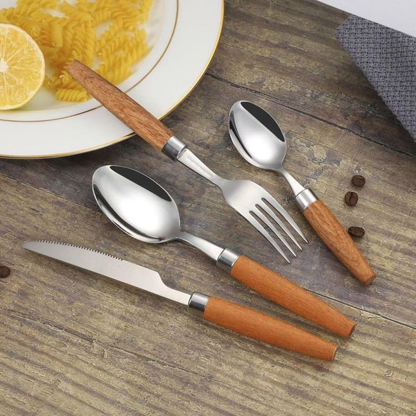 

dinnerware sets 2021 wooden handle stainless steel knife fork spoon tableware cutlery set kitchen teaspoon