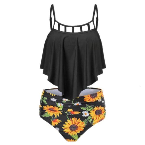 

ruffle sunflower print high waisted bikini swimsuit, White;black