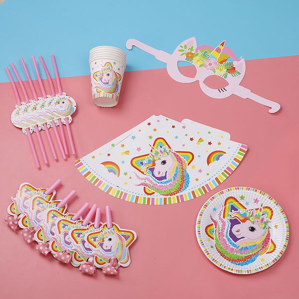 

new unicorn suit children's theme party tableware paper cup tray hat supplies