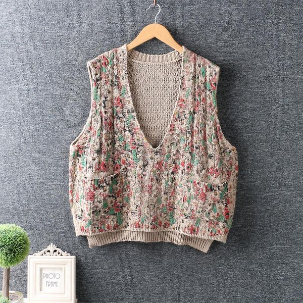 

women's vests spring sweet little fresh v-neck layer printed knitted loose outer vest, Black;white