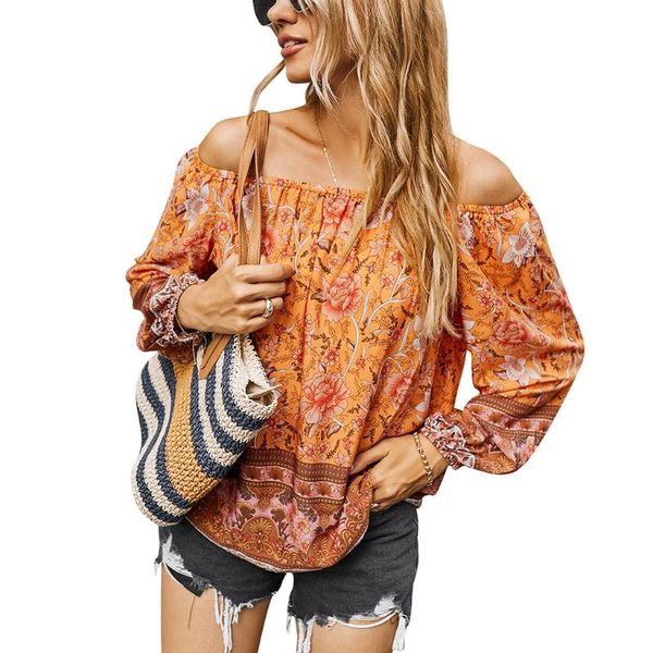 

women's t-shirt spring/summer 2021 bohemian thin long sleeve retro print, White