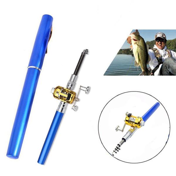 

fishing hooks 1 set portable pocket mini pole pen shape folded rod with reel wheel
