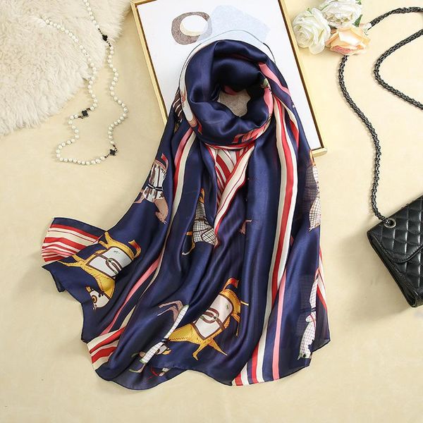 

scarves 2021 summer silk scarf women print flower,birds,leaf,chains, 100% natural wraps shawls and 180*90cm hijabs, Blue;gray