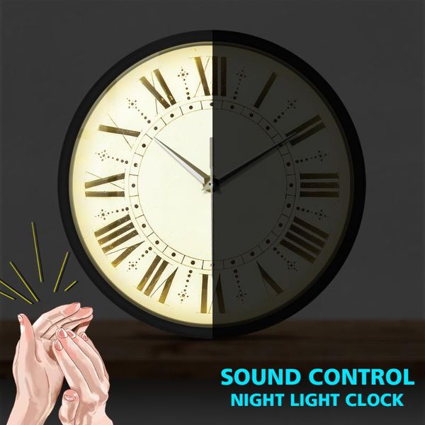

retro rustic round sound activated wall clock roman numerals silent non-ticking quartz watch antique farmhouse led light clocks