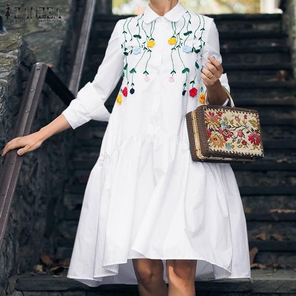 

casual dresses fashion womens embroidered dress 2021 autumn loose shirt vestidos zanzea elegant patchwork ruffle robe party knee, Black;gray