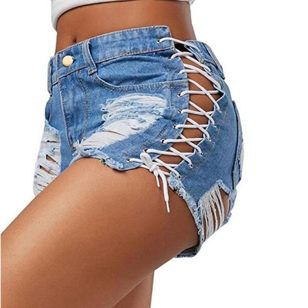 

women's shorts summer women denim 2021 black blue high waist ripped short jeans femme tassel lace up bandage pants, White;black