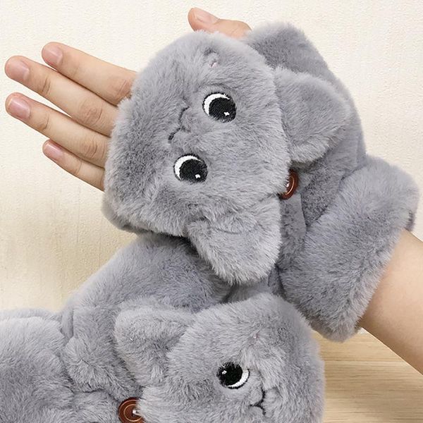 

five fingers gloves women gir fur knit mittens plush fingerless flip half finger driving glove winter soft warm thick, Blue;gray
