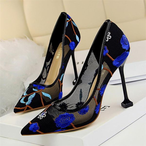 

dress shoes bigtree embroider flower lace pointed toe breathable mesh women thin high heels wedding party femme ladies pumps, Black